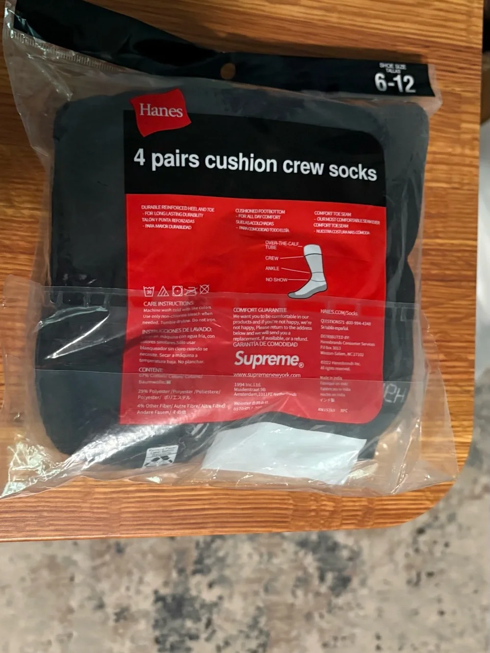 Supreme x Hanes Black Crew Socks with Red Logo Pack